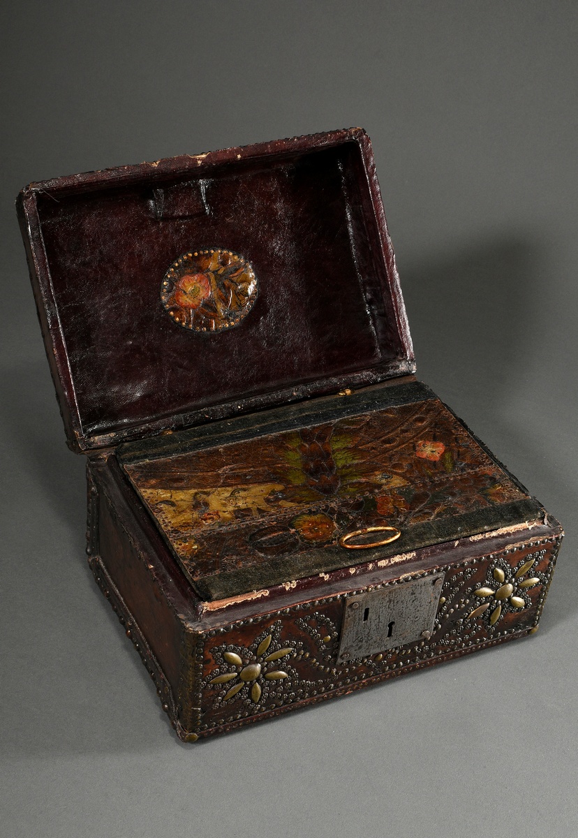 Antique leather casket with nailed decoration on the body and steel fittings, inside florally hallm - Image 7 of 14
