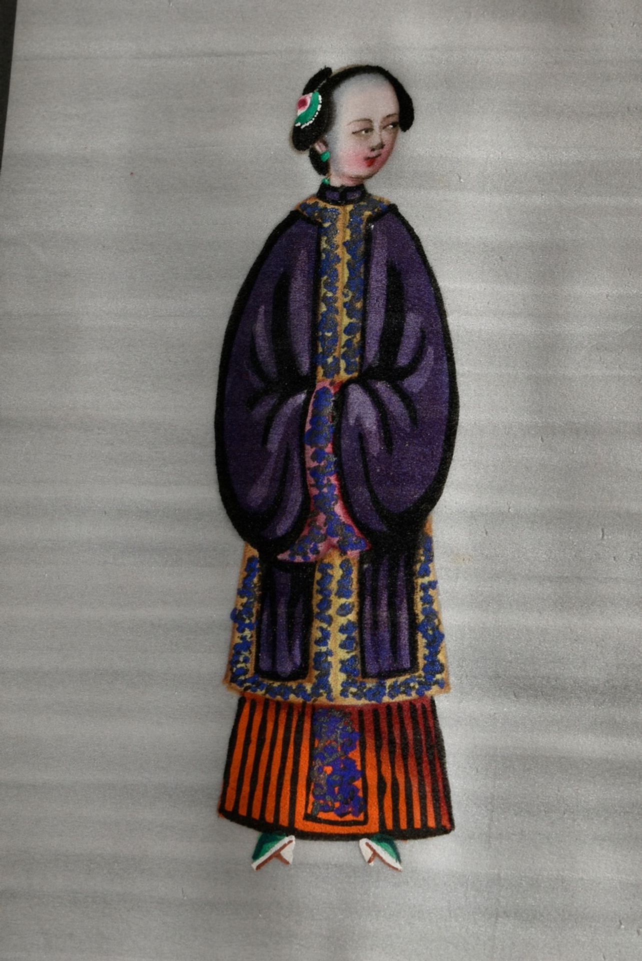 Chinesisches seidenbezogenes Kästchen mit 6 feinen Tsuso Malereien "Mandarine und chinesische Damen - Bild 3 aus 10