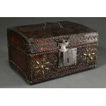 Antique leather casket with nailed decoration on the body and steel fittings, inside florally hallm