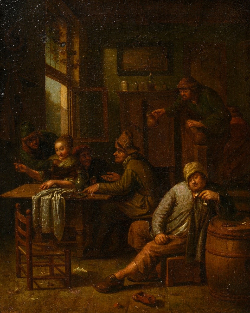 Unknown Dutch master of the 17th/18th c. 'Inn or Pleasure House Scene', in the manner of Egbert van