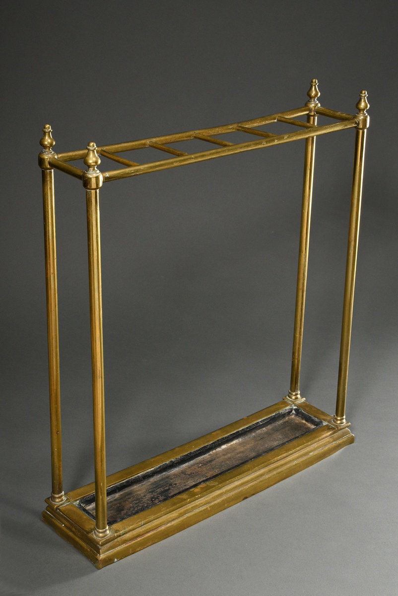 Brass umbrella stand in simple rectangular shape with black lacquered drip tray, around 1900, 62.5x