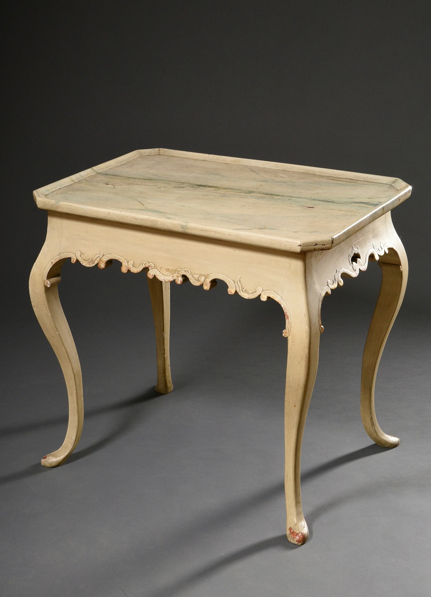 Baroque tea table with octagonal top and carved frame of C and S curves on curved legs, brightly co