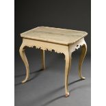 Baroque tea table with octagonal top and carved frame of C and S curves on curved legs, brightly co