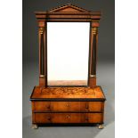 Biedermeier "Psyche" make-up mirror with side columns, pointed gable and paw feet, cherry and walnu