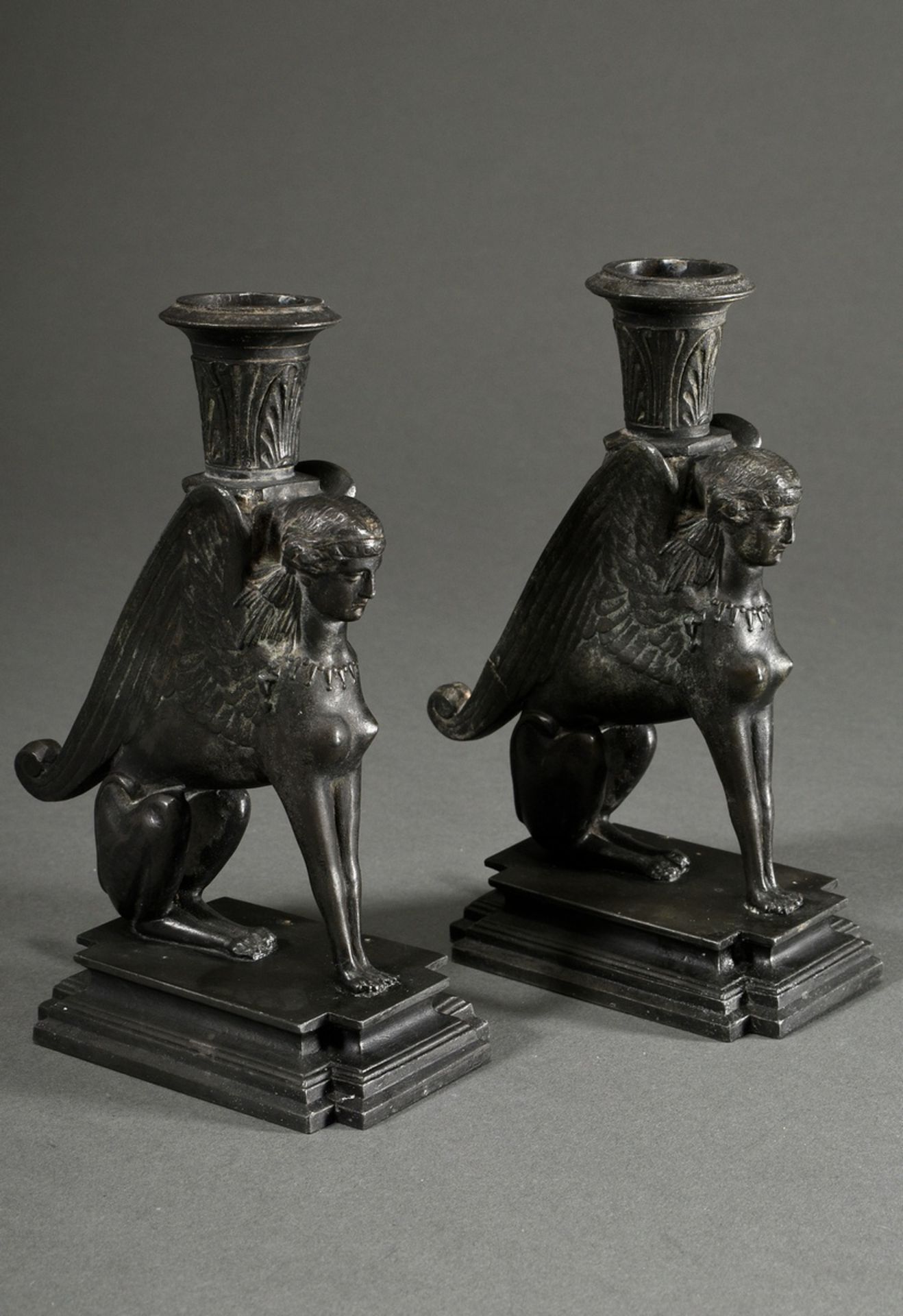 Pair of iron ‘Spinx’ candlesticks in classicist façon on angular pedestals, 2nd half 19th century,  - Image 2 of 4