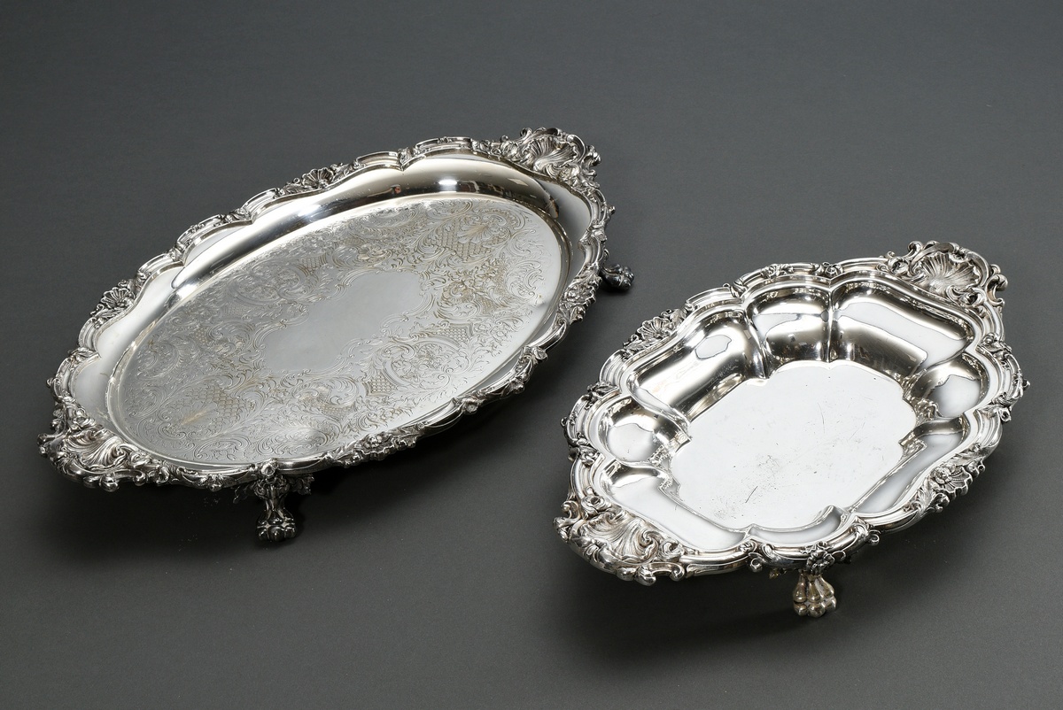 2 Various pieces of heavy tableware after an old model with sculptural ornamental rim on paw feet, 