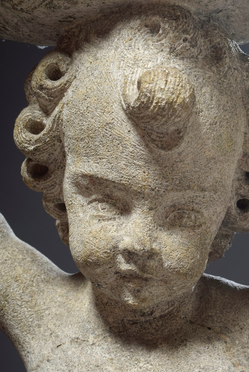 Sandstone garden figure "Putto holding a shell", h. 82cm, restored - Image 3 of 7