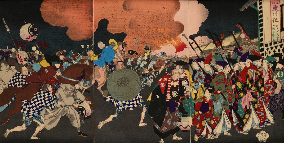 Toyohara (Yôshû) Chikanobu (1838-1912) "Evakuierung von Hofdamen bei Feuer", Farbholzschnitte, Trip