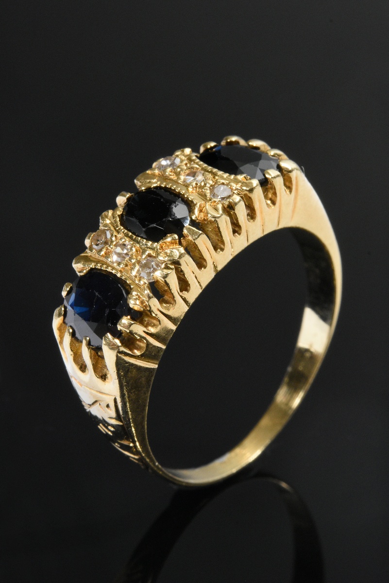 Small yellow gold 585 ring with sapphires and octagonal diamonds (together approx. 0.10ct/SI/W-TCR)
