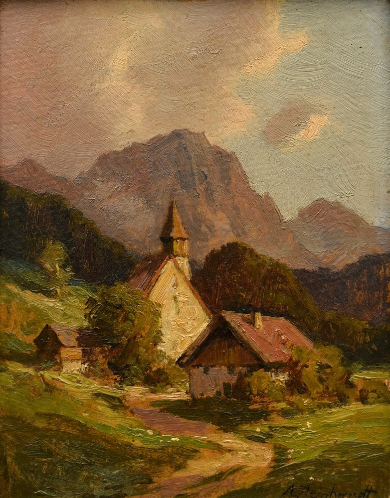 Reinhardt, Alexander (1888-1958) "Subalpine landscape with farmstead and church", oil/painting boar - Image 2 of 5