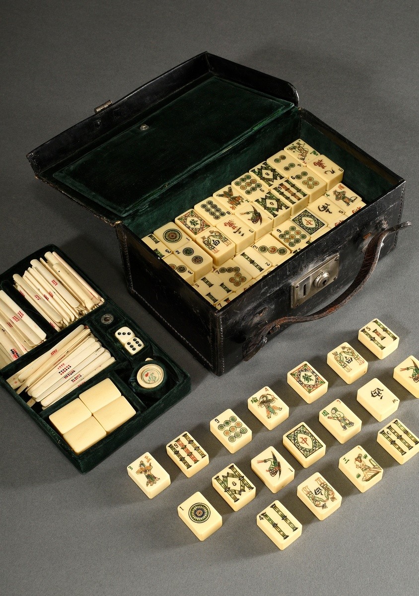 Mahjong game in velvet-lined leather case with bamboo-bakelite tiles, sticks and dice, complete, ea