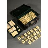 Mahjong game in velvet-lined leather case with bamboo-bakelite tiles, sticks and dice, complete, ea