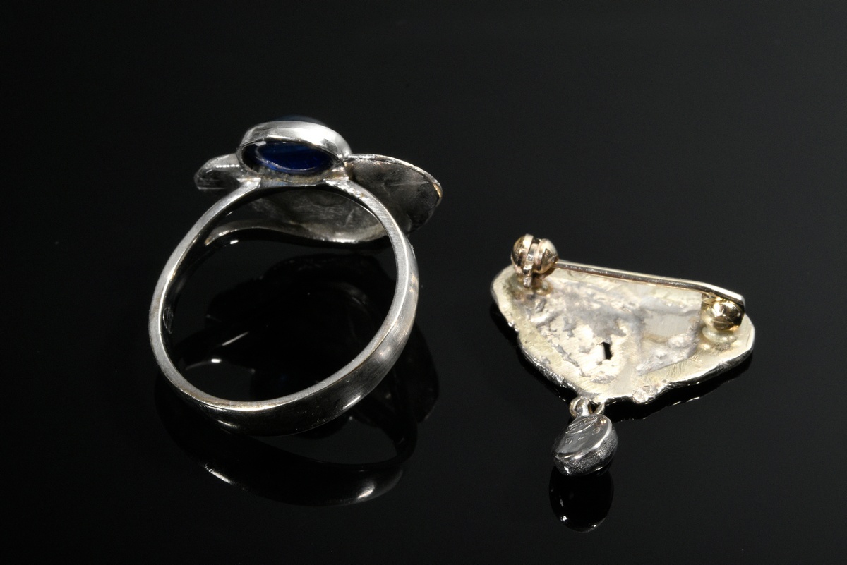 2 Pieces of modern white gold 750 jewellery with sapphire cabochons, handmade (together 7.5g): Ring - Image 3 of 3