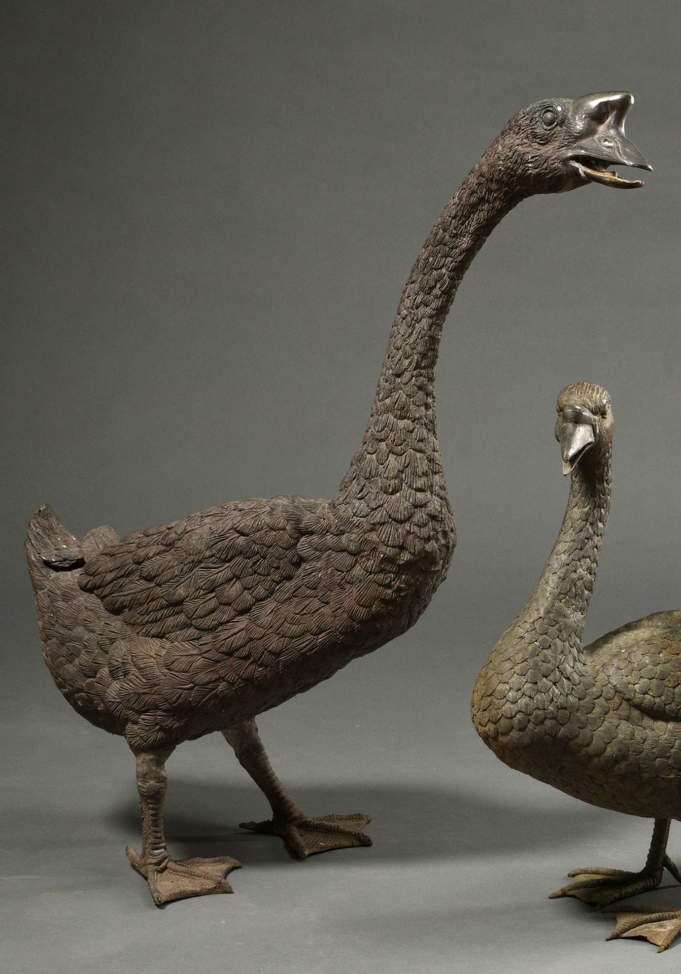 3 Bronze sculptures "Hump-backed swan with 2 young swans", h. 49/51/75cm, signs of age - Image 2 of 6