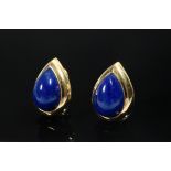 Pair of 750 yellow gold stud earrings with clip prism and lapis lazuli drops, Brahmfeld & Gutruf/ H
