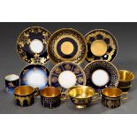 6 Various mocha cups/saucers with different floral-ornamental gold decorations partly with relief a