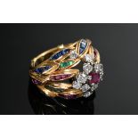 Handmade Midcentury yellow gold 585 cocktail ring with feathered ring head and alternating diamonds
