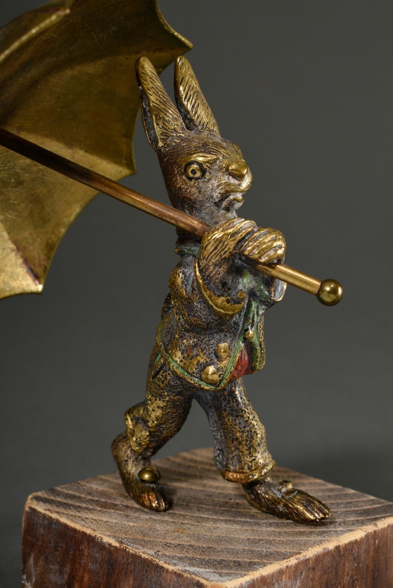 Bronze " Rabbit with umbrella", dressed with doublet and trousers, restored coloured painting, on w - Image 2 of 5