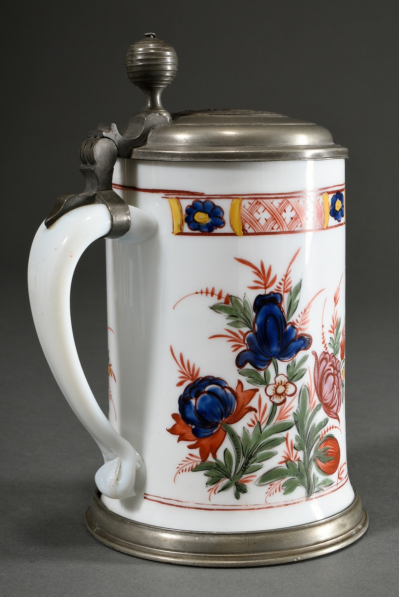 Baroque bone glass cylindrical jug with polychrome floral painting in enamel colours and medallion  - Image 3 of 7