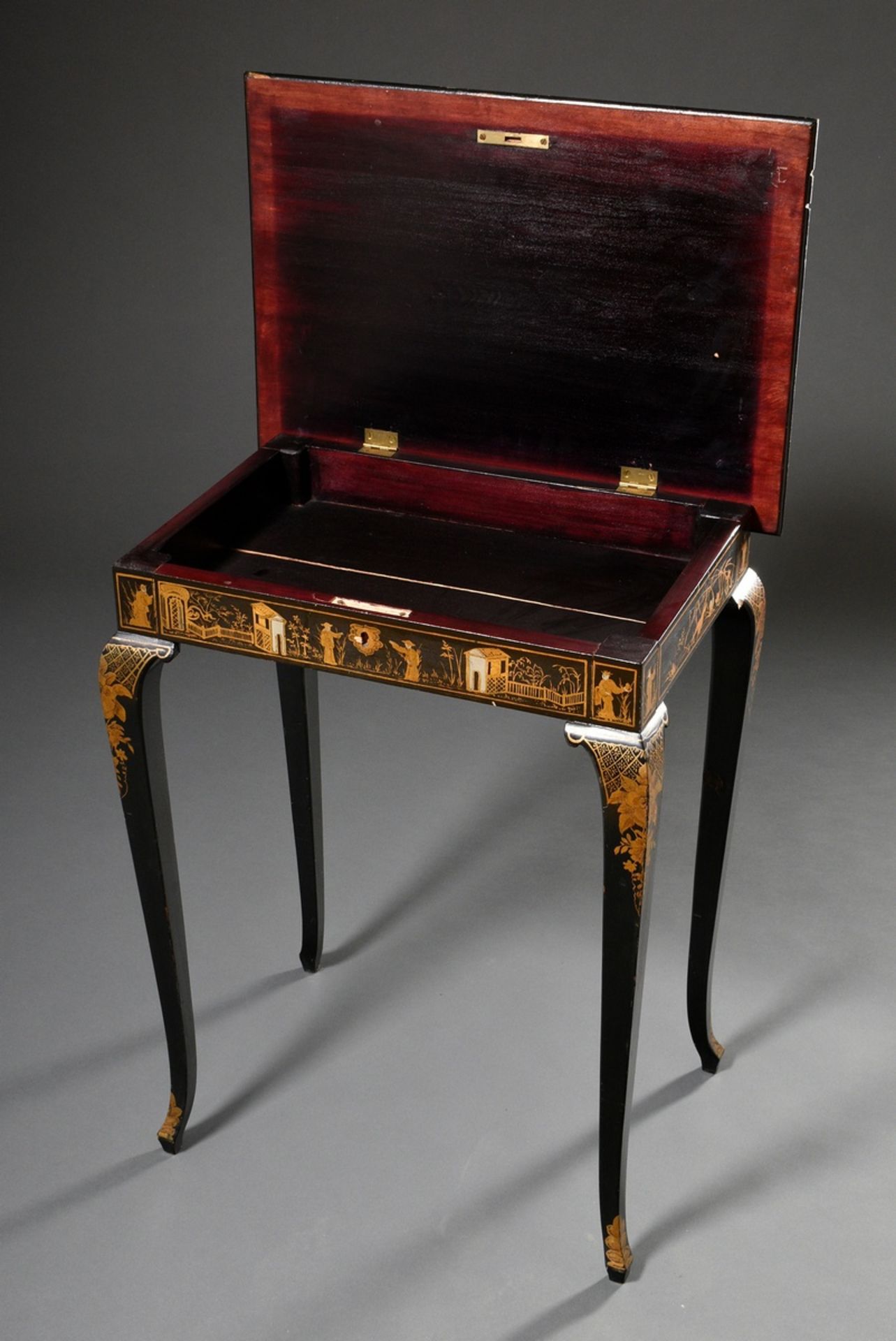 Decorative sewing table with chinoiserie decoration on a black background in lacquer painting, larg - Image 2 of 7