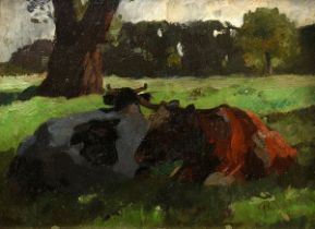 Herbst, Thomas (1848-1915) "Zwei liegende Kühe", Öl/Malpappe, verso Klebeetikett "Galerie Herold/Hb