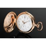 Red gold 585 three-cover pocket watch, chronograph, quarter repeater, seconds stop function, small 