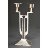 Silver-plated Arts & Crafts girandole in geometric design with lapis lazuli cabochons between the a