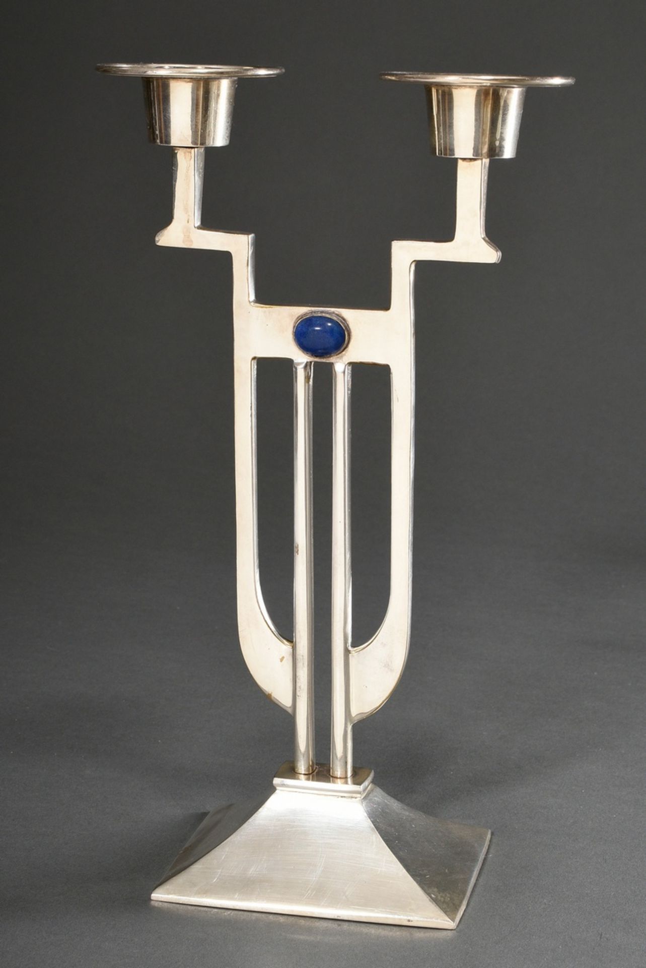 Silver-plated Arts & Crafts girandole in geometric design with lapis lazuli cabochons between the a