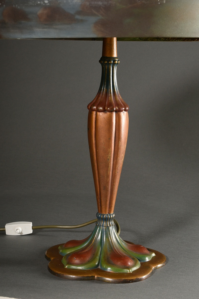 Art Nouveau table lamp with coloured cast zinc base and frosted glass shade painted on the inside " - Image 2 of 7