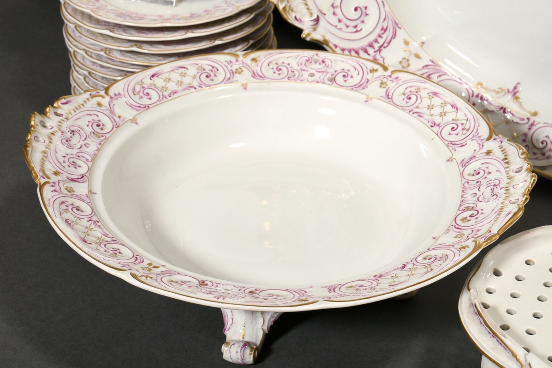 69 Pieces KPM dinner service in Rococo form with purple and gold staffage, red imperial orb mark, c - Image 14 of 22