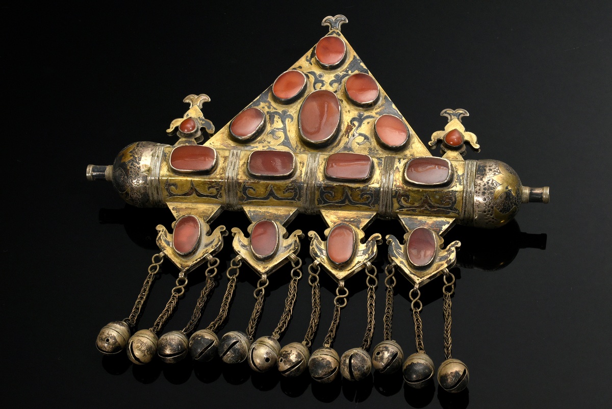 Tekke Turkmen amulet container "Tumar" with vine motifs, 16 carnelians and 12 pendants with bells, 