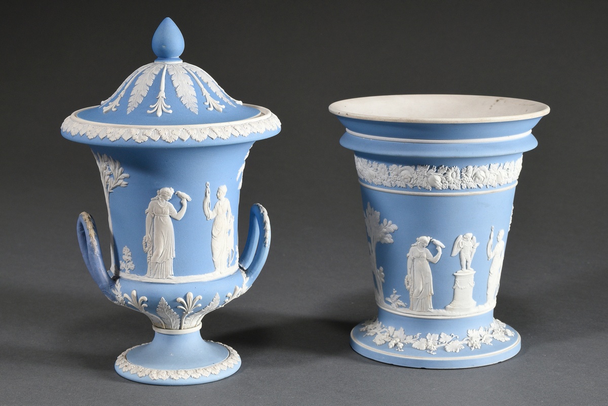 2 Various pieces of Wedgwood Jasperware with classic bisque porcelain reliefs on a light blue groun