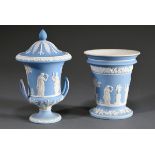 2 Various pieces of Wedgwood Jasperware with classic bisque porcelain reliefs on a light blue groun