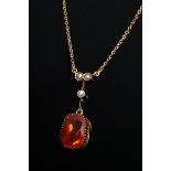 Zarte Roségold 585 Kette mit Feueropal Stabanhänger (ca. 5ct, L. 3cm) und kleinen Saatperlen, 4,5g,