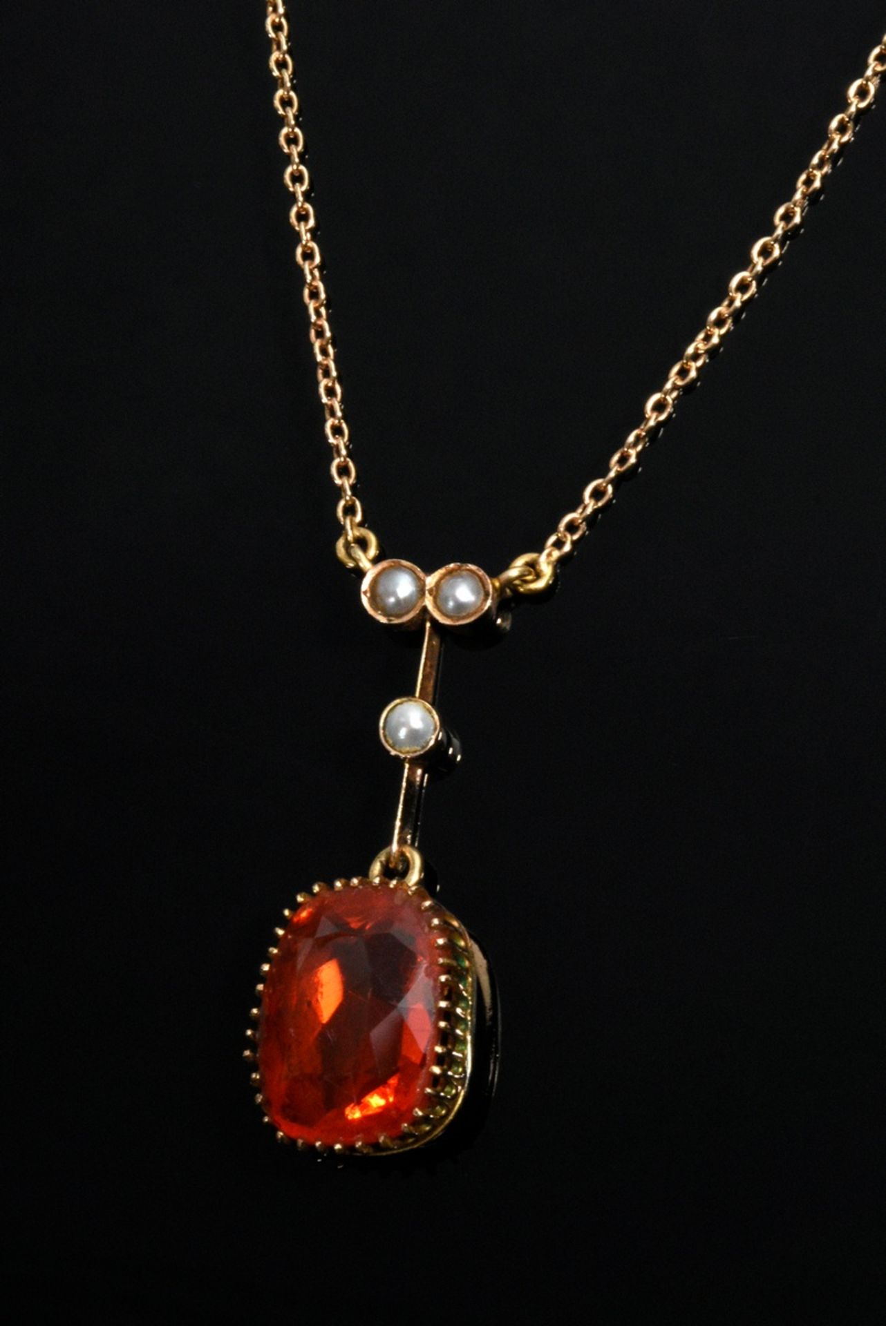 Delicate rose gold 585 necklace with fire opal bar pendant (approx. 5ct, l. 3cm) and small seed pea