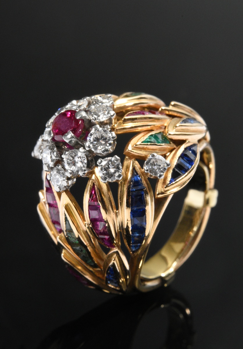 Handmade Midcentury yellow gold 585 cocktail ring with feathered ring head and alternating diamonds - Image 2 of 4