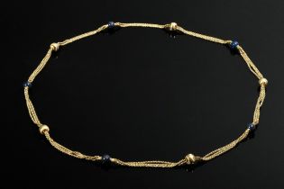 Endlose dreireihige Gelbgold 585 Kette mit gerieften Goldkugeln und Lapislazuli Perlen, 59g, L. 90c