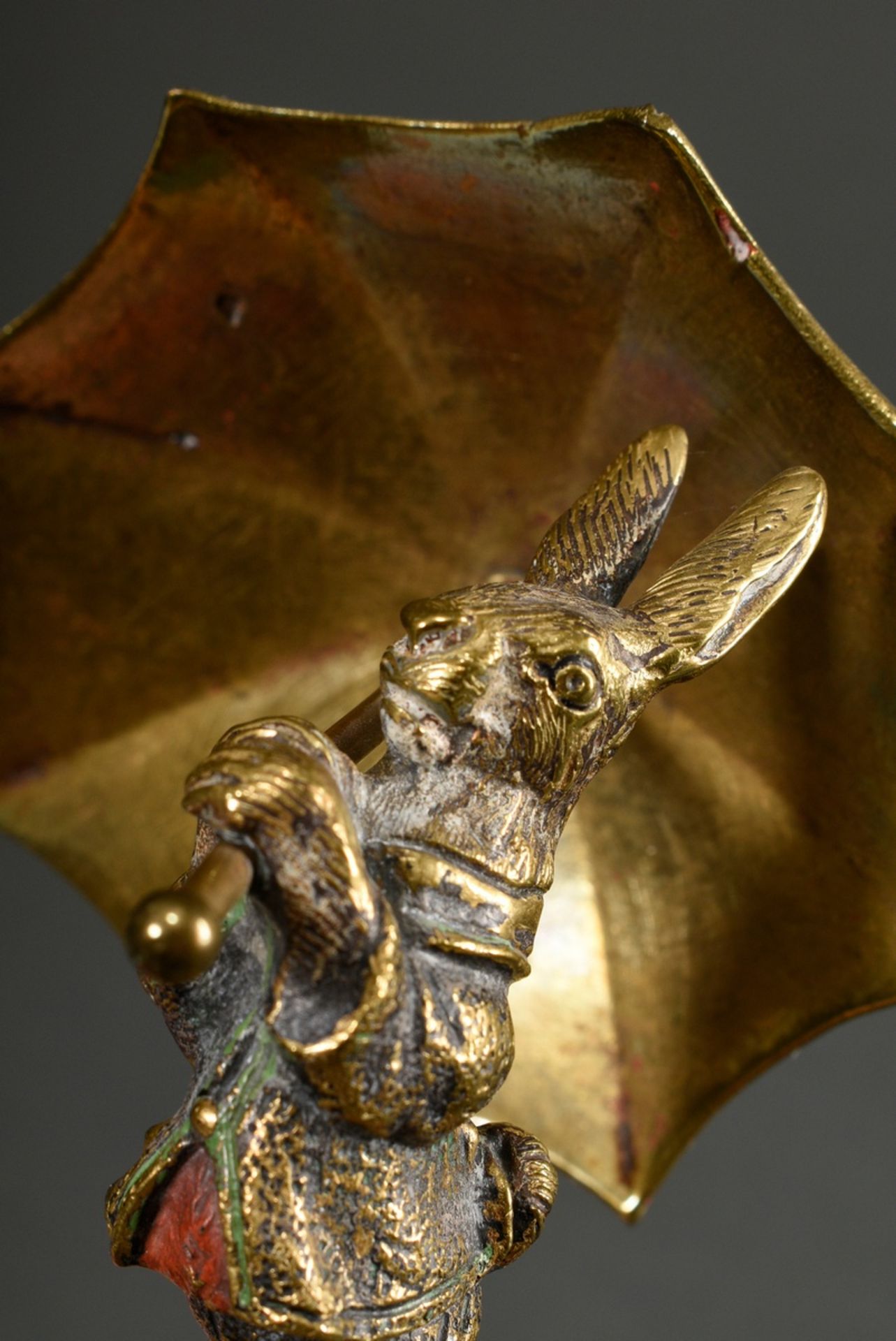 Bronze " Rabbit with umbrella", dressed with doublet and trousers, restored coloured painting, on w - Image 5 of 5