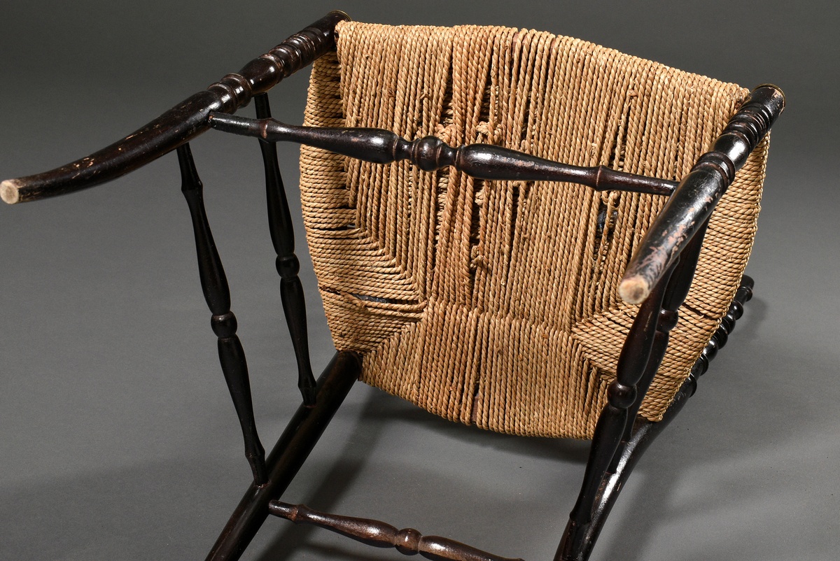 Decorative salon chair with turned and black lacquered frame, gilded brass rosettes and wicker seat - Image 4 of 4