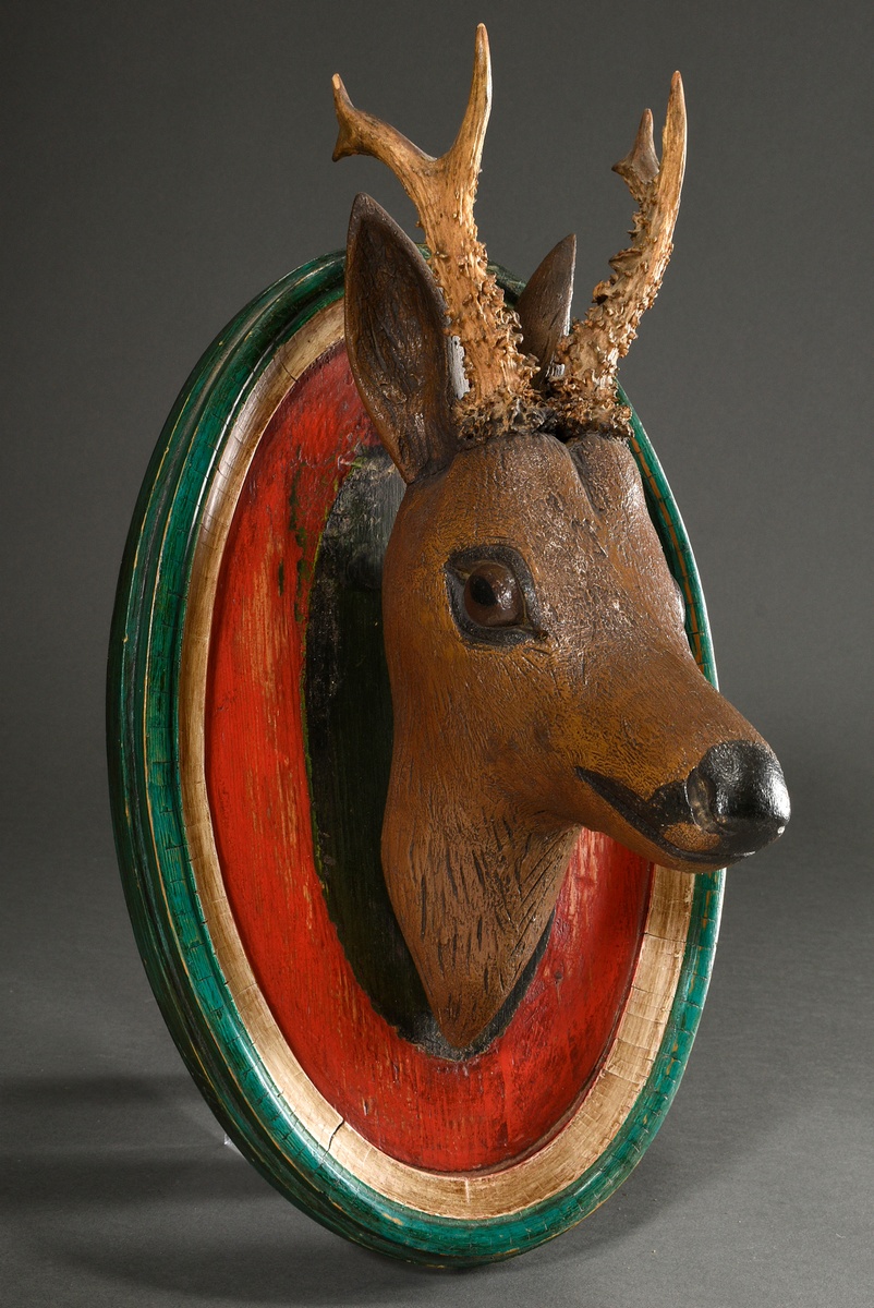 Hunting trophy ‘Deer head with real horns’, German mid-19th century, carved and coloured wood, 41x2