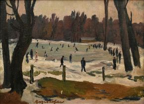 Mayershofer, Max (1875-1950) "Skaters at the Lake", oil/canvas on cardboard, sign. below, 25.5x33.7