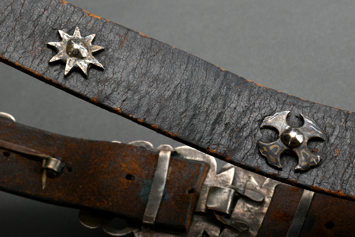 Caucasian belt with tendril decoration in niello work as well as chasing and rivets on the buckle,  - Image 5 of 5