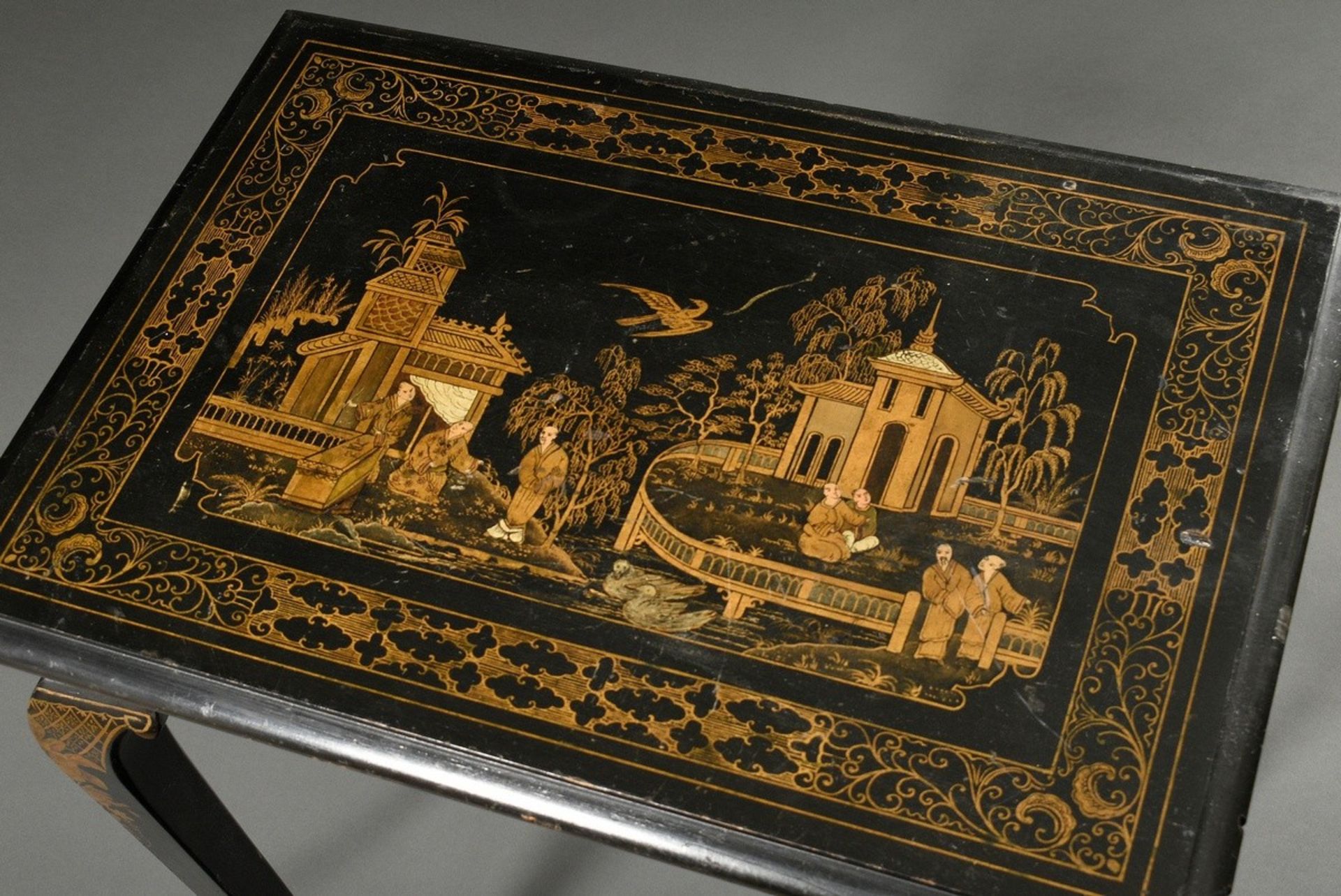 Decorative sewing table with chinoiserie decoration on a black background in lacquer painting, larg - Image 3 of 7