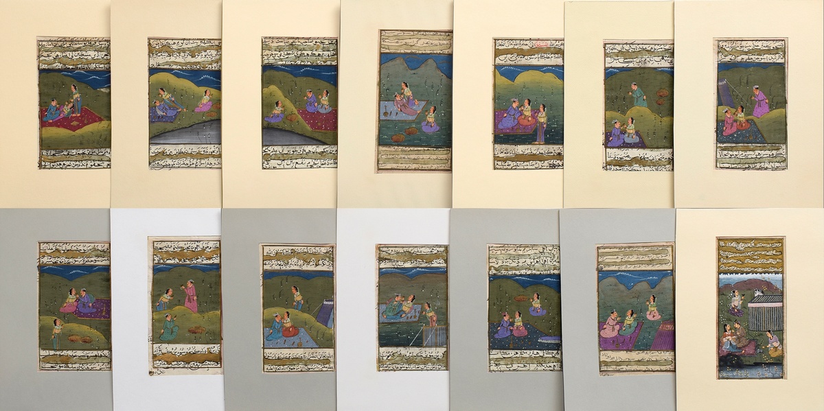 14 Various Indo-Persian miniatures "Garden scenes" from manuscripts, 18th/19th century, opaque colo