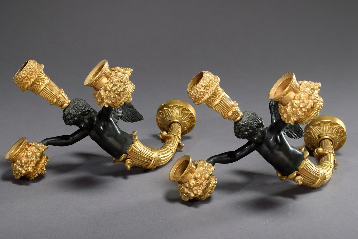 Pair of fine figurative Empire wall arms, cupids with flower baskets looking out of cornucopias, fi - Image 9 of 9