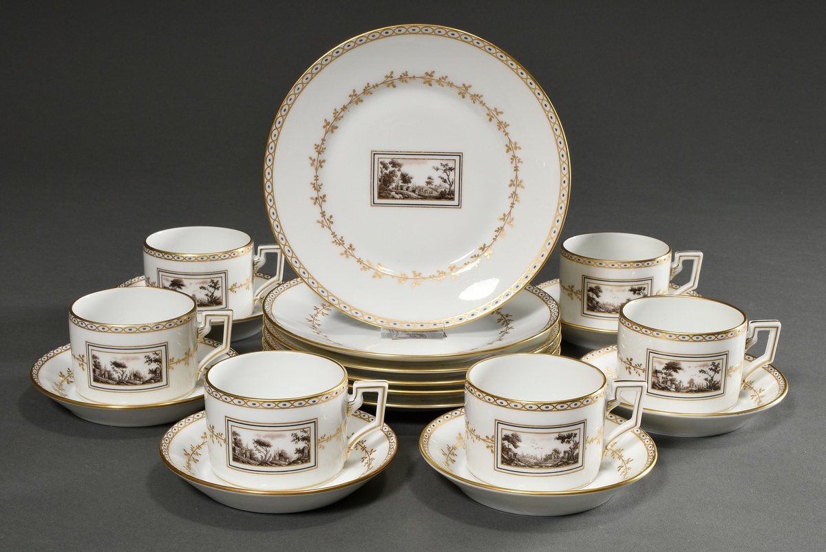 12 Pieces Ginori tea service for 6 people in classic form with grisaille "Landscapes" with gold ten - Image 2 of 3