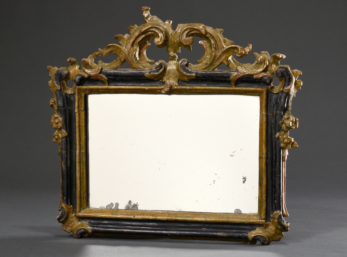 Small rococo altar mirror with carved frame, painted black and gold, 18th century, old mirror glass