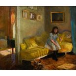 Unknown artist of the early 20th c. "Girl on a yellow sofa", oil/painting board, Impressionist fram
