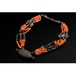 Tajik wedding necklace of 5 alternating strands of coral and 3 strands of silver and glass beads wi