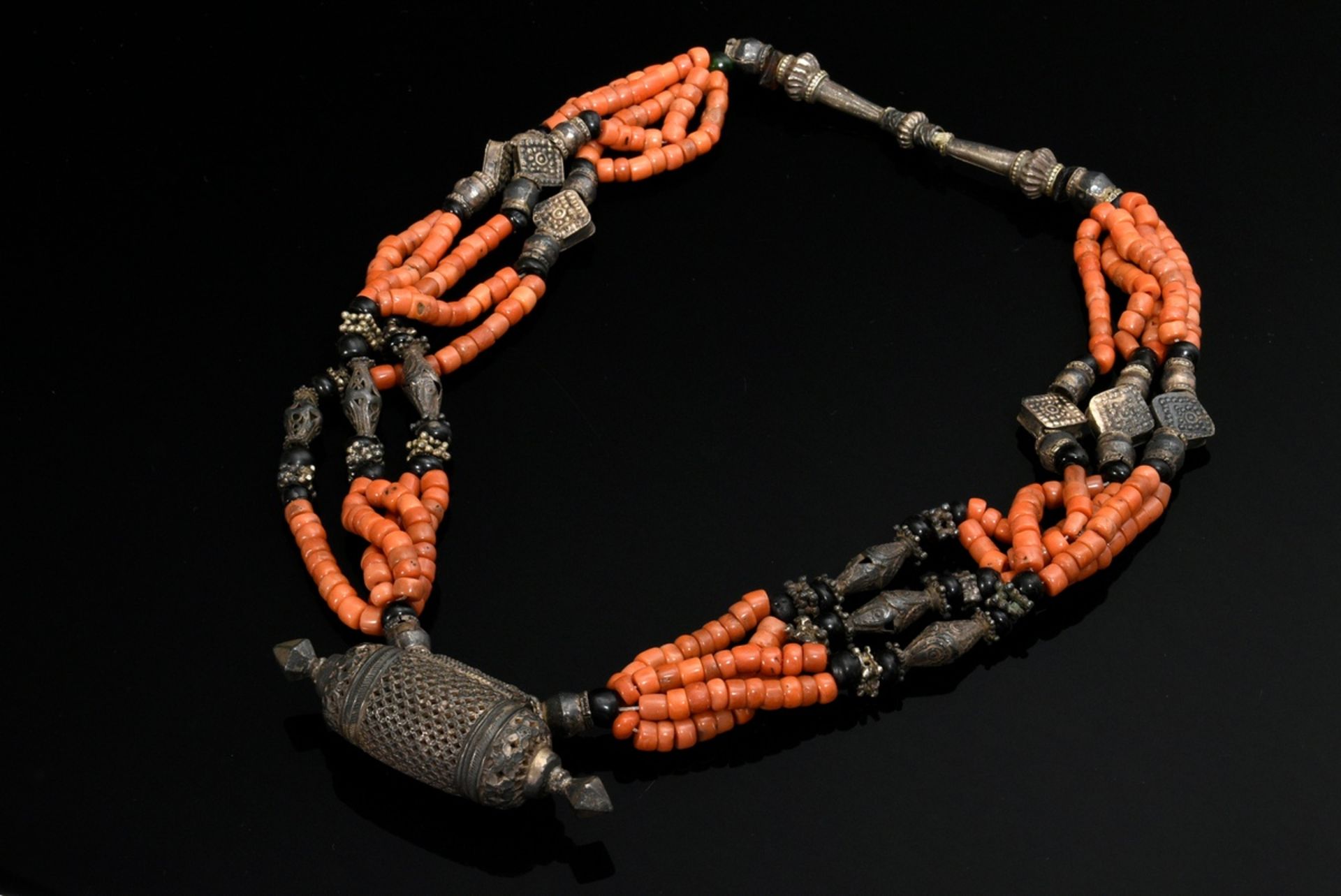 Tajik wedding necklace of 5 alternating strands of coral and 3 strands of silver and glass beads wi